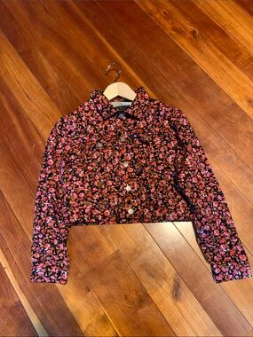 Girls' Floral Black & Pink Cropped Jean Jacket